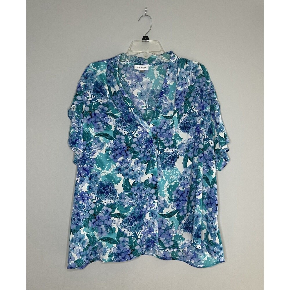 Calvin‎ Klein Popover Blouse Plus Size 3X Flutter Sleeve Blue Purple Floral